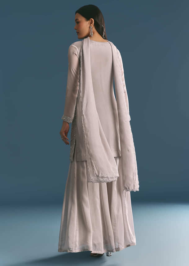 Grey Chinon Cutdana Sequin Embroidered Kurta Palazzo Suit Grey Chinon Cutdana Sequin Embroidered Kurta Palazzo Suit