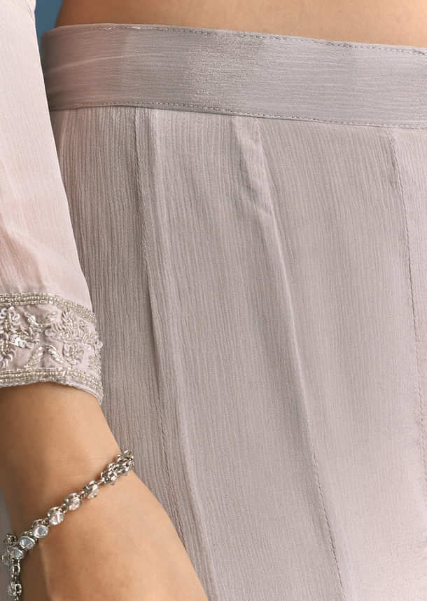 Grey Chinon Cutdana Sequin Embroidered Kurta Palazzo Suit Grey Chinon Cutdana Sequin Embroidered Kurta Palazzo Suit