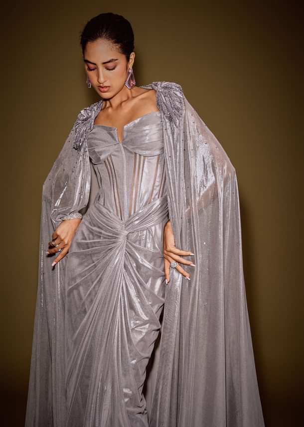 Grey Draped Corset Gown With Embroidered Cape In Net Fabric
