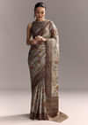 Grey Cotton Hand Painted Saree With Contrast Border