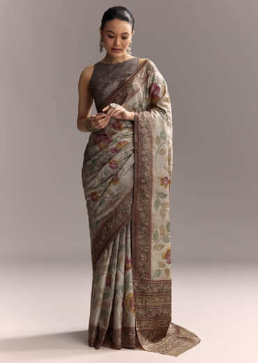 Grey Cotton Hand Painted Saree With Contrast Border