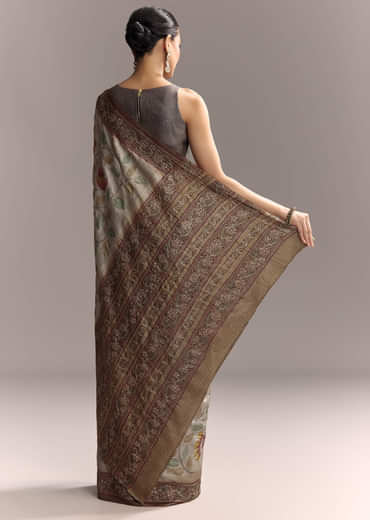 Grey Cotton Hand Painted Saree With Contrast Border