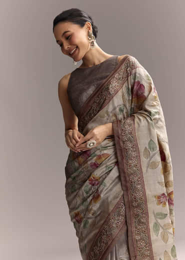 Grey Cotton Hand Painted Saree With Contrast Border
