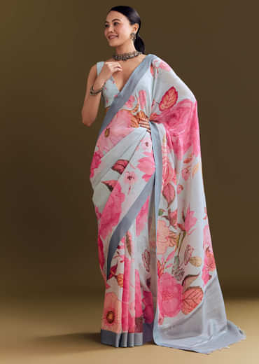 Grey Cotton Linen Saree With Floral Print
