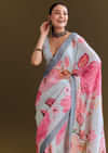 Grey Cotton Linen Saree With Floral Print