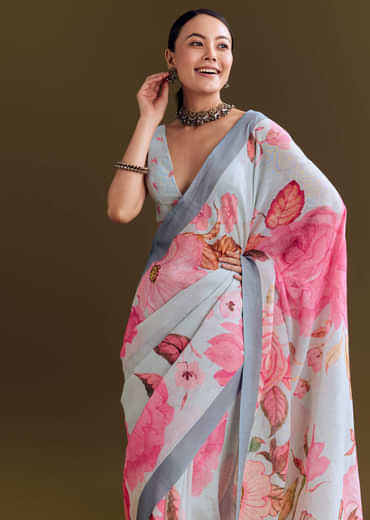 Grey Cotton Linen Saree With Floral Print