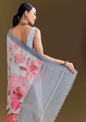 Grey Cotton Linen Saree With Floral Print