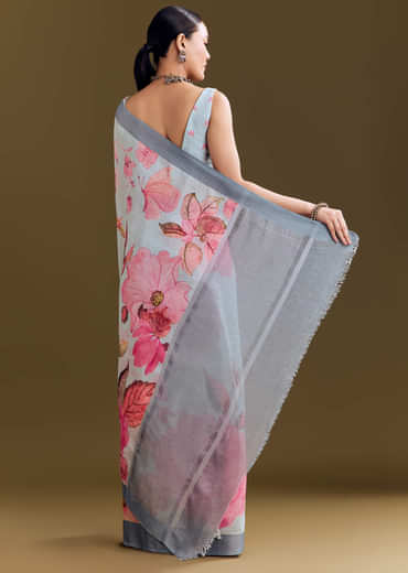 Grey Cotton Linen Saree With Floral Print