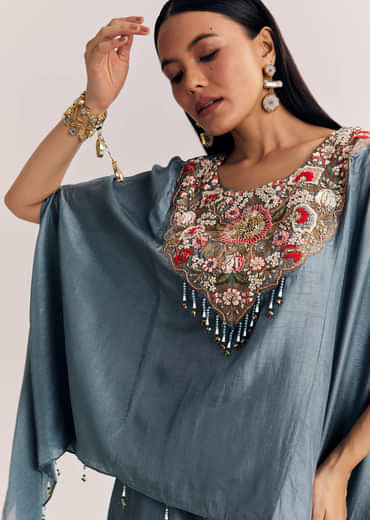 Grey Dola Silk Kaftaan Indowestern Suit With Zardosi Work