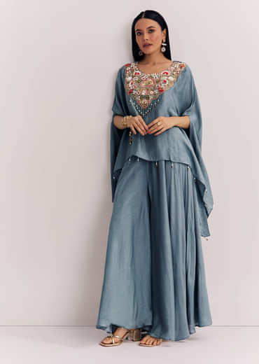 Grey Dola Silk Kaftaan Indowestern Suit With Zardosi Work