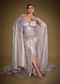 Grey Draped Corset Gown With Embroidered Cape In Net Fabric