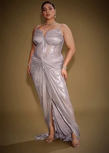 Grey Draped Corset Gown With Embroidered Cape In Net Fabric