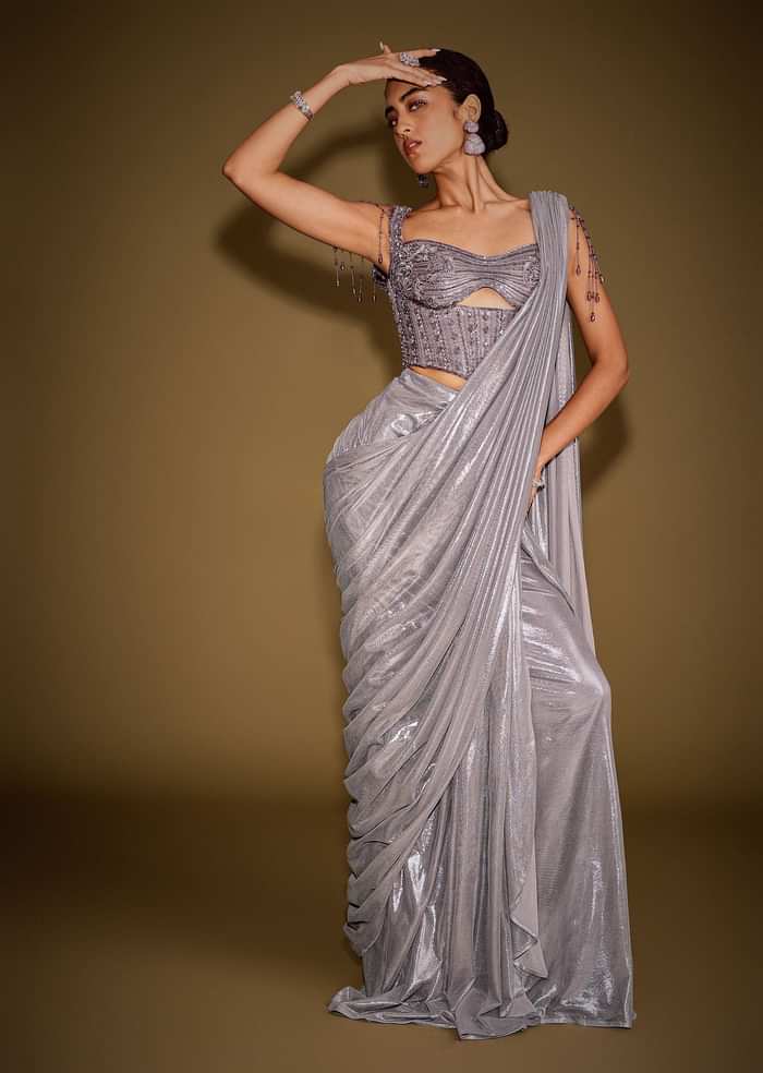 Grey Embellished Corset Blouse With Draped Saree And Tassel Detailing