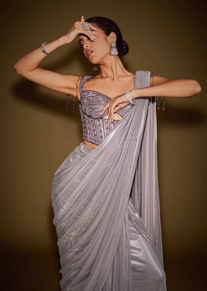 Grey Embellished Corset Blouse With Draped Saree And Tassel Detailing