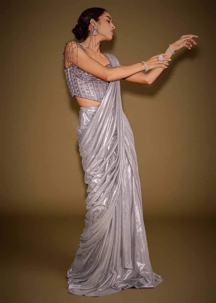Grey Embellished Corset Blouse With Draped Saree And Tassel Detailing
