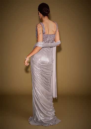 Grey Embellished Corset Blouse With Draped Saree And Tassel Detailing