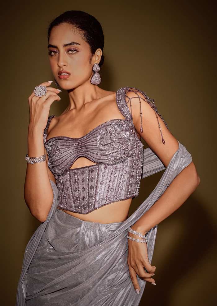 Grey Embellished Corset Blouse With Draped Saree And Tassel Detailing