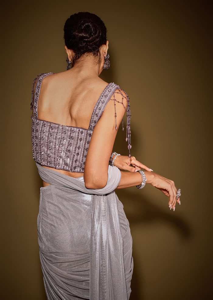 Grey Embellished Corset Blouse With Draped Saree And Tassel Detailing