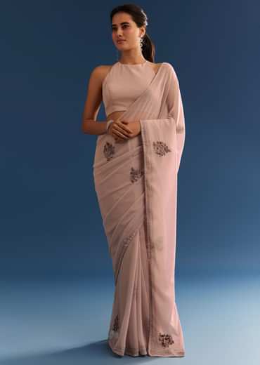 Grey Georgette Floral Resham Embroidered Saree