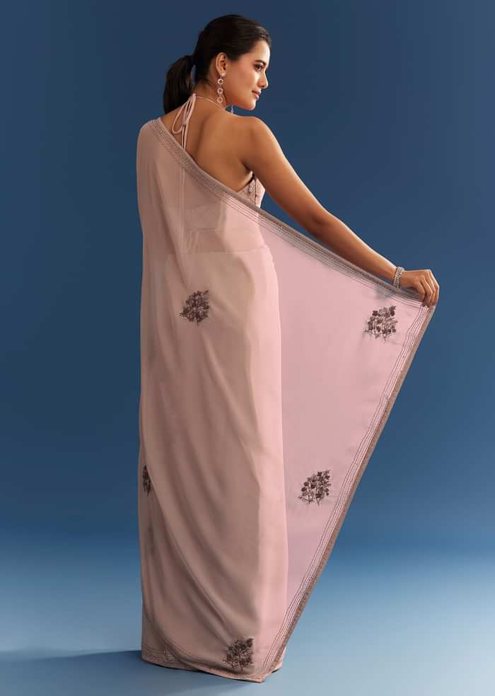 Grey Georgette Floral Resham Embroidered Saree