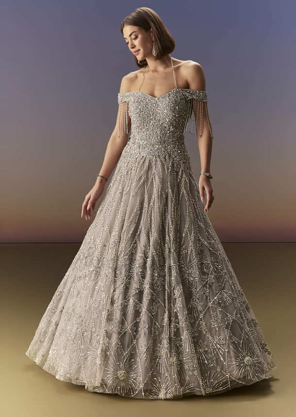 Grey Gown Off Shoulder With Silver Embroidery