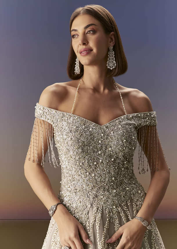 Grey Gown Off Shoulder With Silver Embroidery