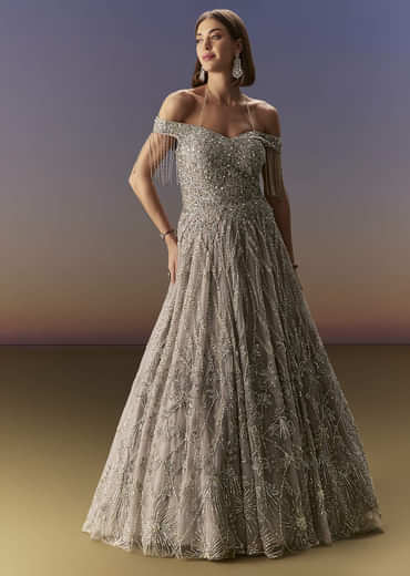 Grey Gown Off Shoulder With Silver Embroidery