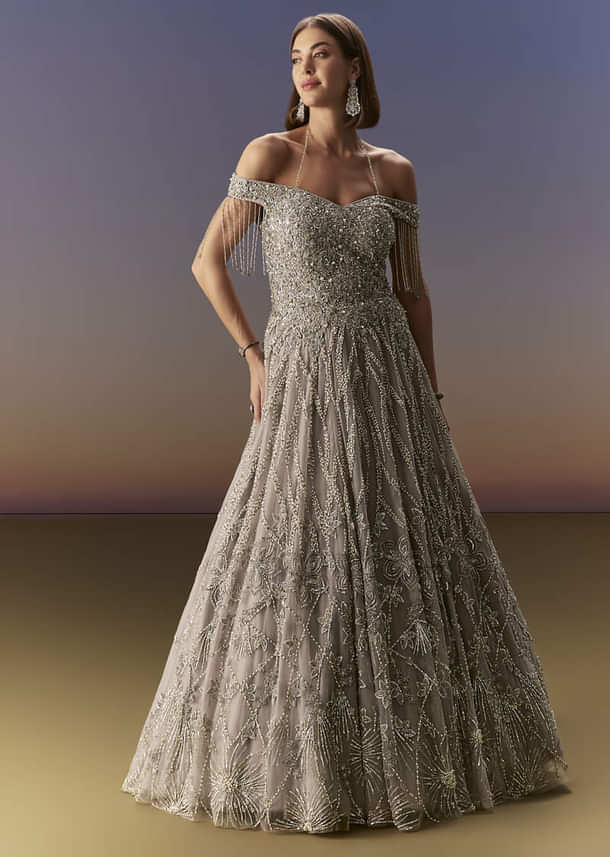 Grey Gown Off Shoulder With Silver Embroidery