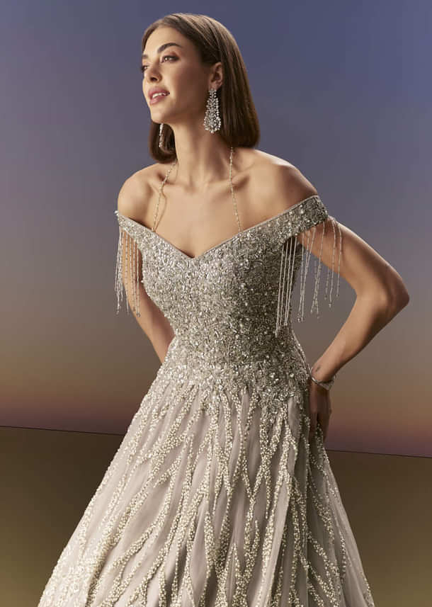 Grey Gown Off Shoulder With Silver Embroidery