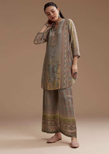 Grey Kurta Pant Set with Floral Print