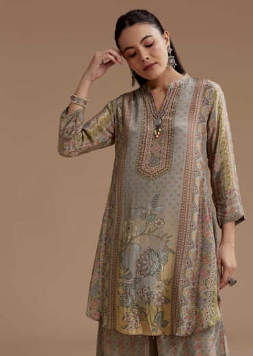 Grey Kurta Pant Set with Floral Print
