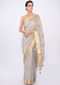 Grey linen checks saree with embroidered butti only on kalki