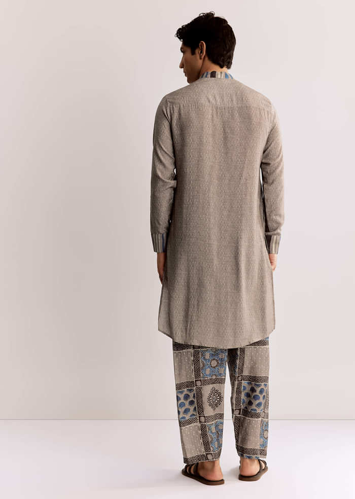Grey Linen Kurta Set With Ajrakh Print