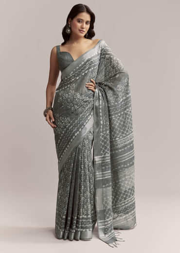 Grey Linen Printed Saree With Authentic Ajrakh Geometric Print