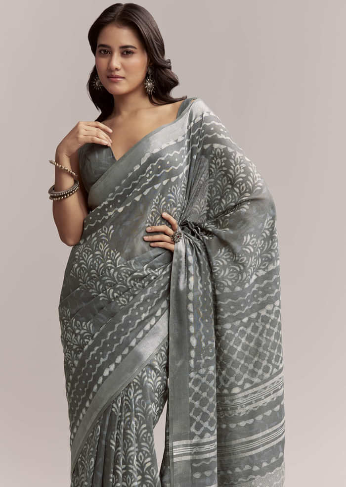 Grey Linen Printed Saree With Authentic Ajrakh Geometric Print