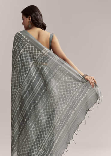 Grey Linen Printed Saree With Authentic Ajrakh Geometric Print