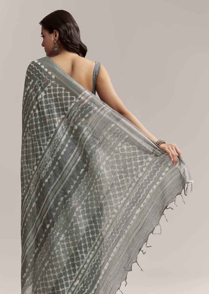 Grey Linen Printed Saree With Authentic Ajrakh Geometric Print
