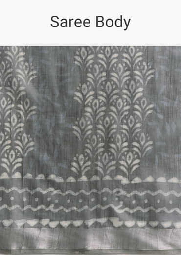 Grey Linen Printed Saree With Authentic Ajrakh Geometric Print
