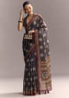 Grey Linen Saree With Authentic Ajrakh Print And Kantha Work