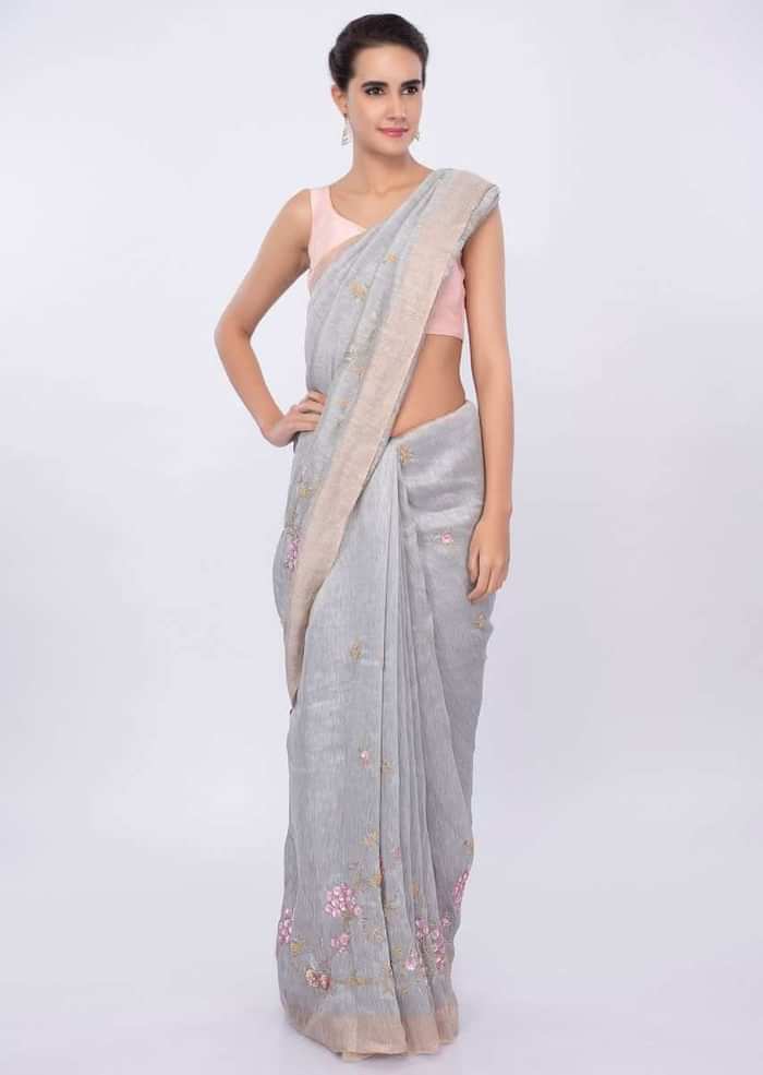 Grey linen saree with embroidered butti and border only on Kalki