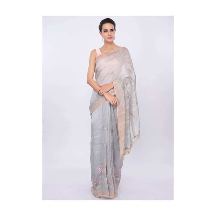 Grey linen saree with embroidered butti and border only on Kalki