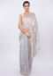 Grey linen saree with embroidered butti and border only on Kalki