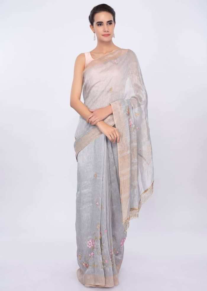 Grey linen saree with embroidered butti and border only on Kalki