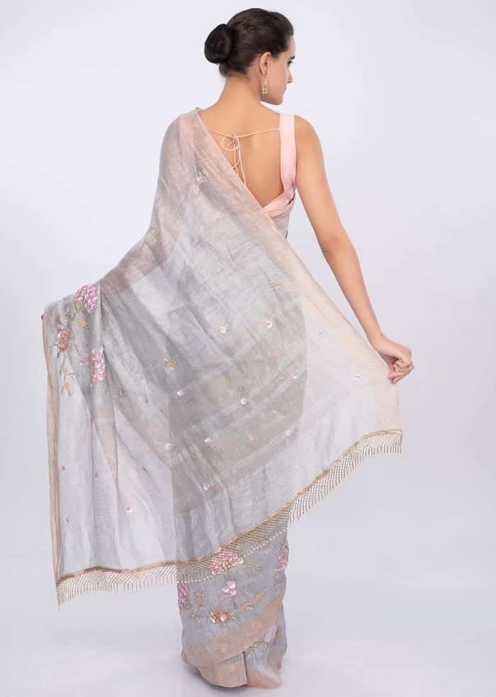 Grey linen saree with embroidered butti and border only on Kalki
