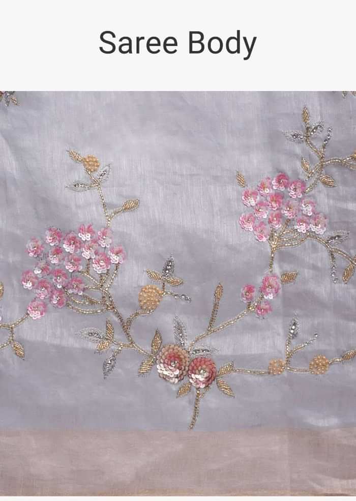 Grey linen saree with embroidered butti and border only on Kalki