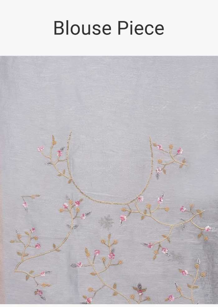Grey linen saree with embroidered butti and border only on Kalki