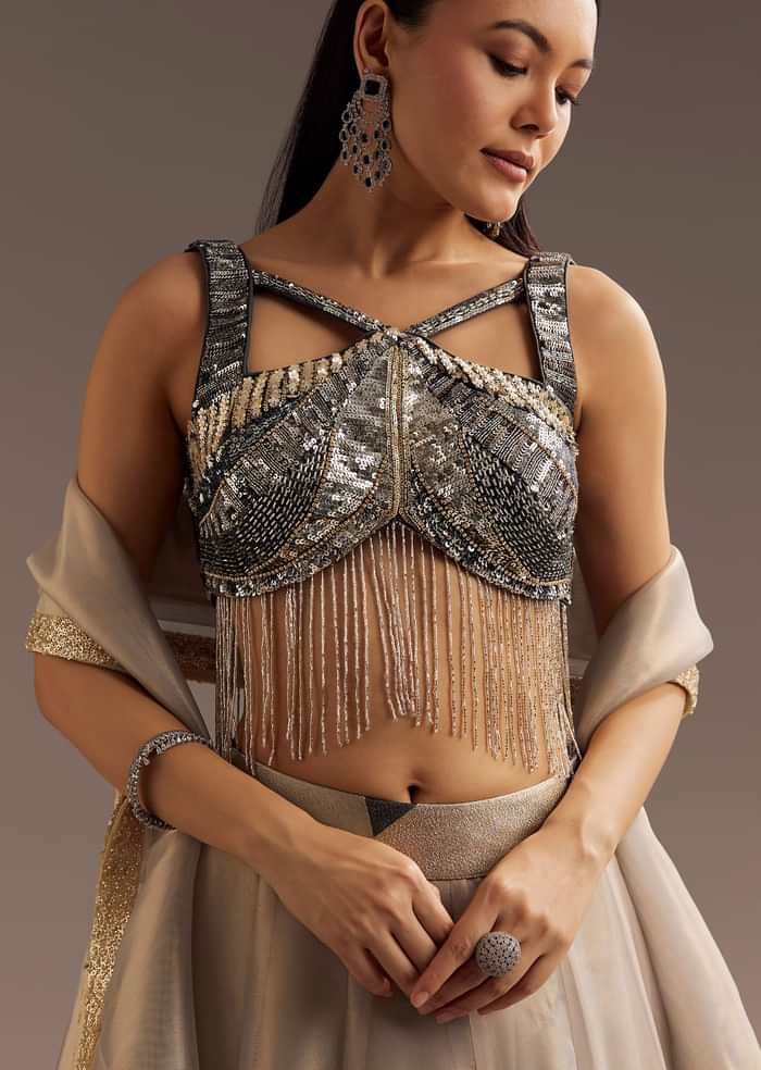 Grey Lurex Glitter Lehenga With Organza Dupatta