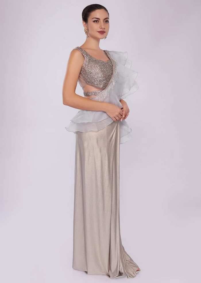 Grey Saree In Lycra With Draped Pleats And Ruffled Organza Pallo Online - Kalki Fashion