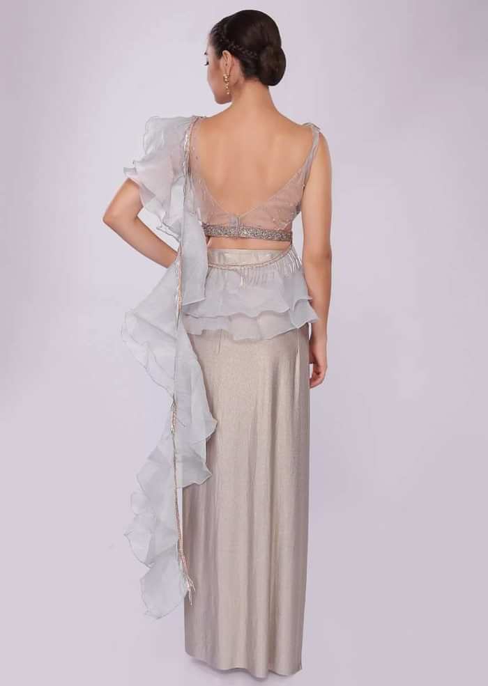 Grey Saree In Lycra With Draped Pleats And Ruffled Organza Pallo Online - Kalki Fashion