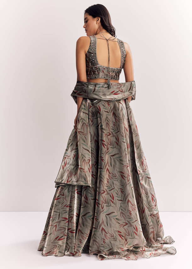 Grey Mirror Work Organza Tissue Lehenga Choli With Dupatta